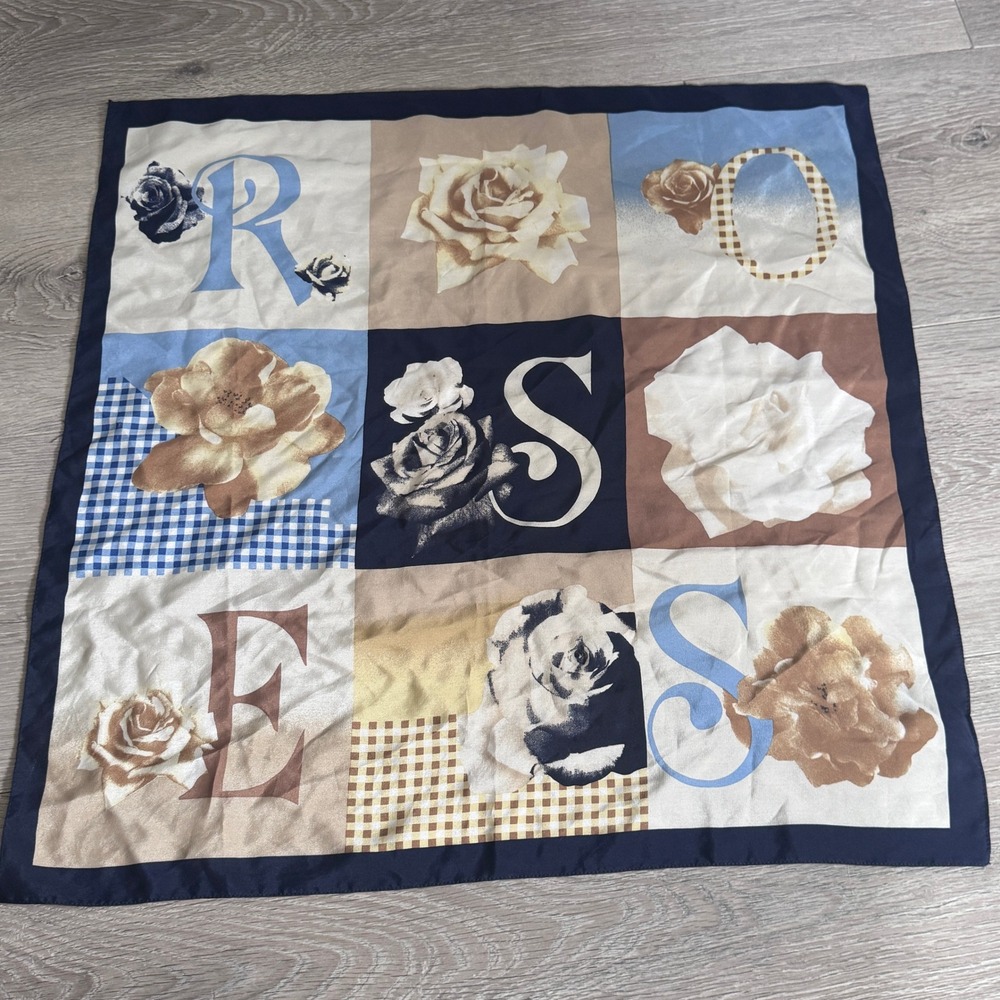 Il Mondo di Angelo Vintage Silk Scarf Roses Floral Navy Blue Tan Made in Italy